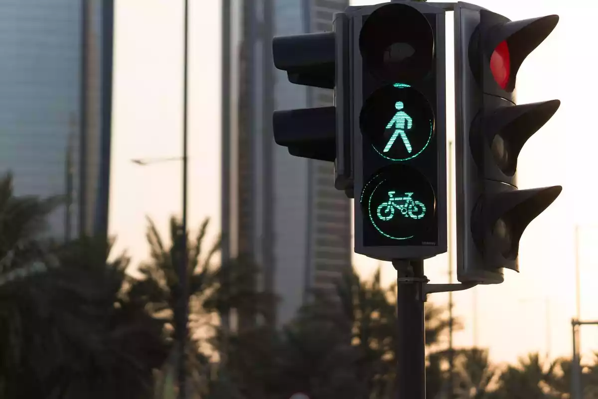 Un semáforo en verde con el símbolo de persona y el de bicicleta